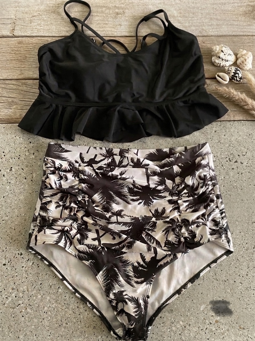 Black Ruffled Tankini Top with Black & White Palm High-Waist Bottoms